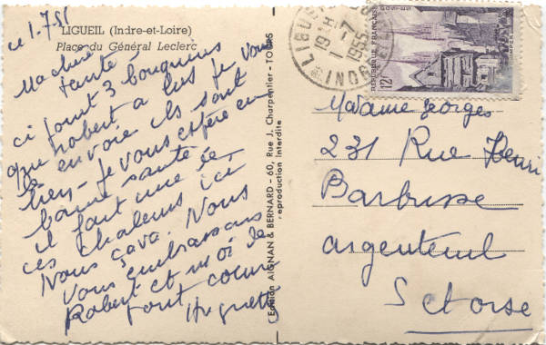 cpa ligueil Place Nationale Mail Colombier 1955